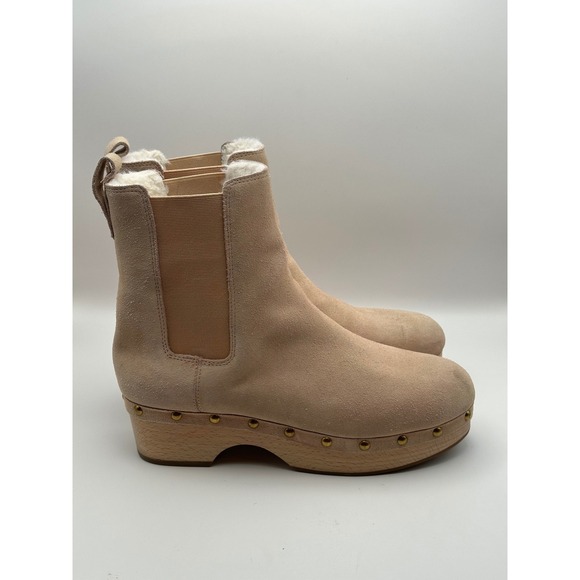 J. Crew Clog Boots Leather Suede Faux Fur Lined Studded Clay‎ Beige Size 9 - Picture 1 of 12